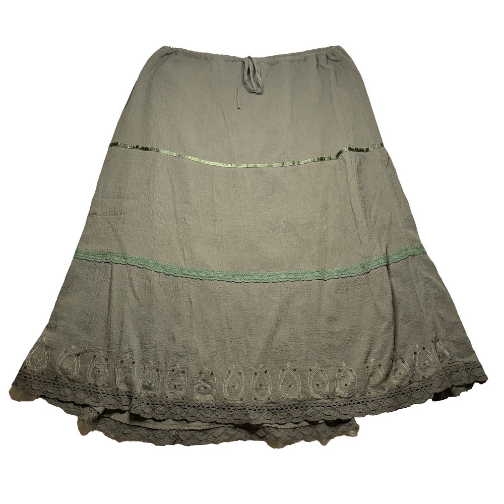 Zhenzi Tiered Crochet Trim Maxi Skirt Drawstring Waist Green Boho Fairy Grunge